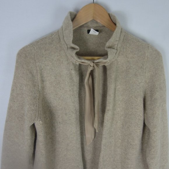 J. Crew Womens M Heather Beige 3/4Sleeve Wool Cashmere Cardigan Sweater M Ruffle - Picture 4 of 9